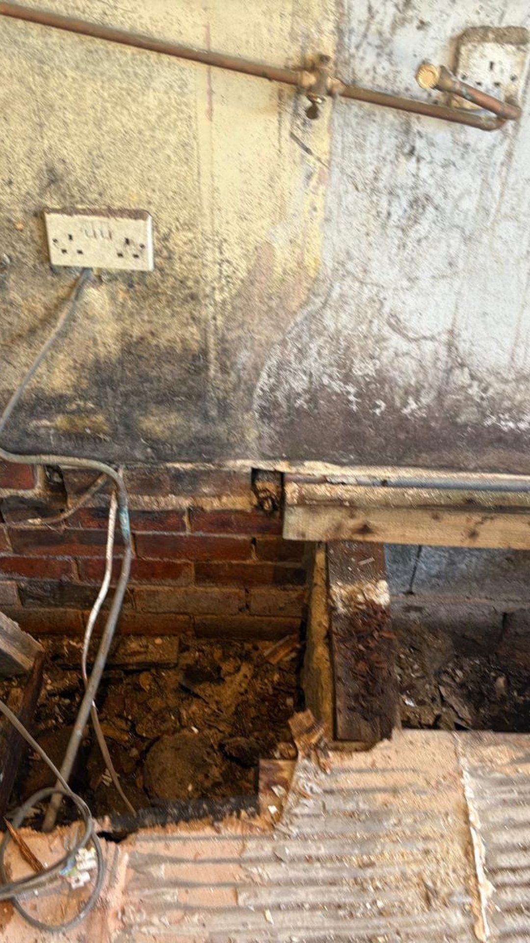 Damp and decay found behind removed skirting board