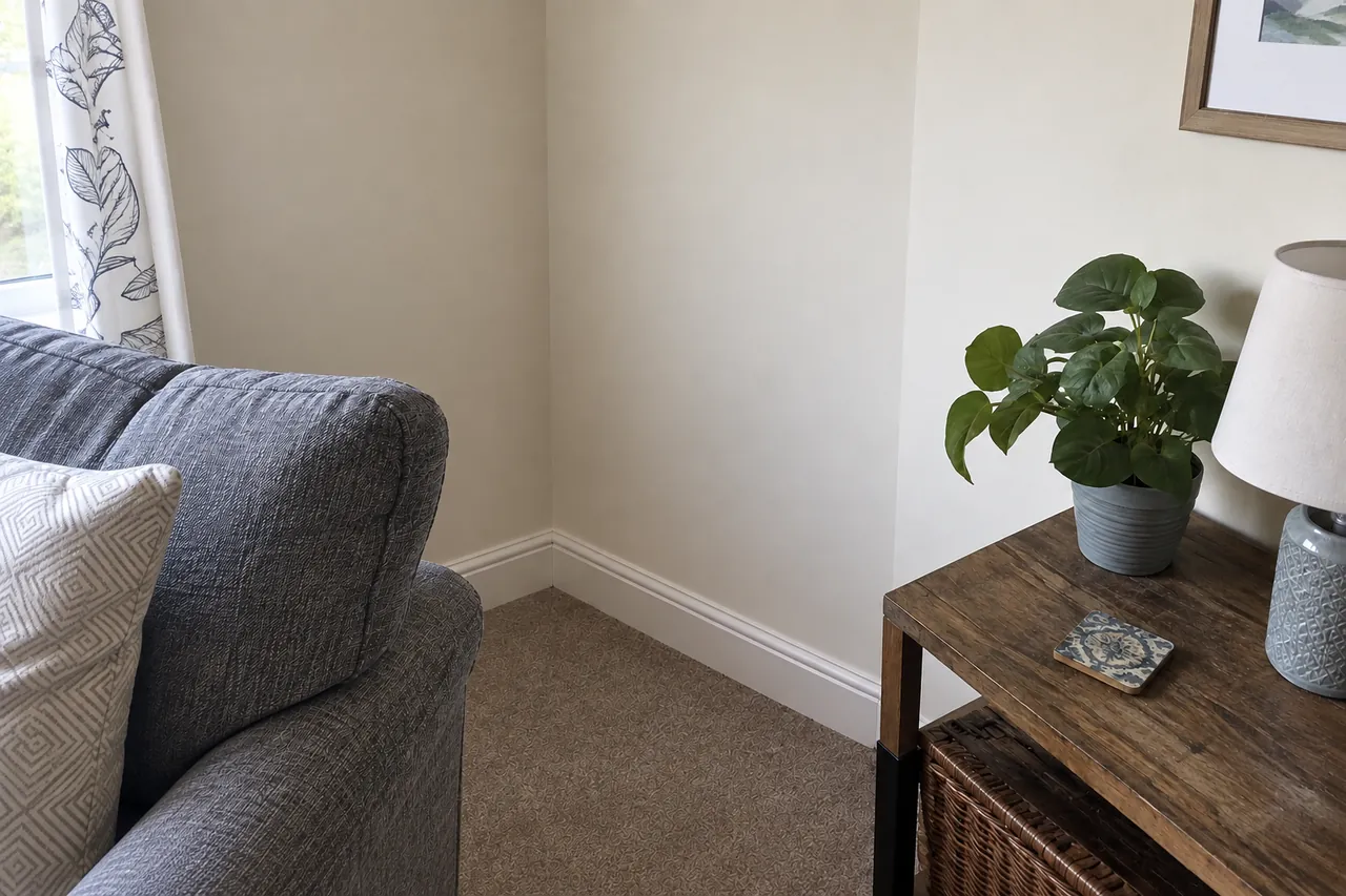 The same living room corner clean, dry and mould-free after treatment