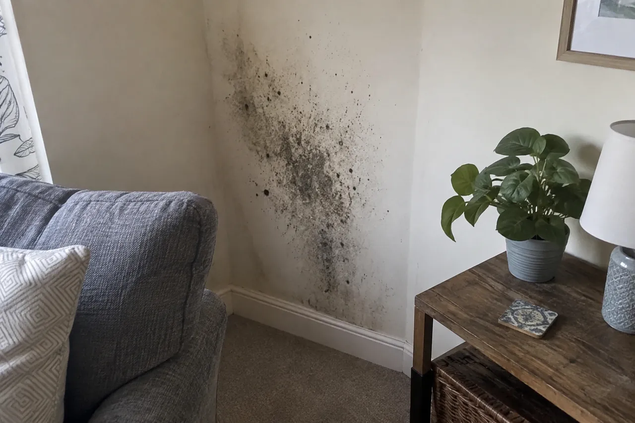 Black mould spreading across the corner of a living room wall