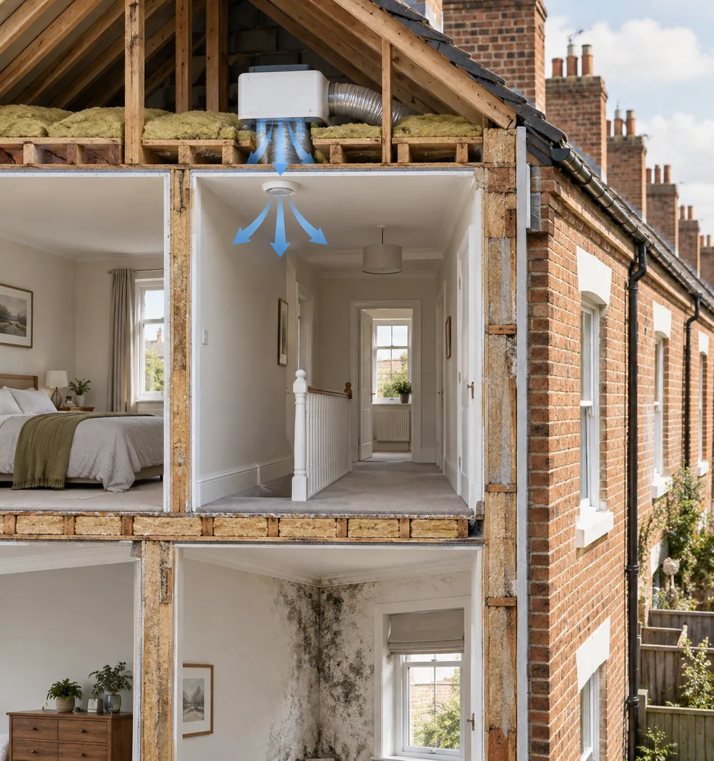 Cutaway of a home showing Positive Input Ventilation moving fresh air through every room