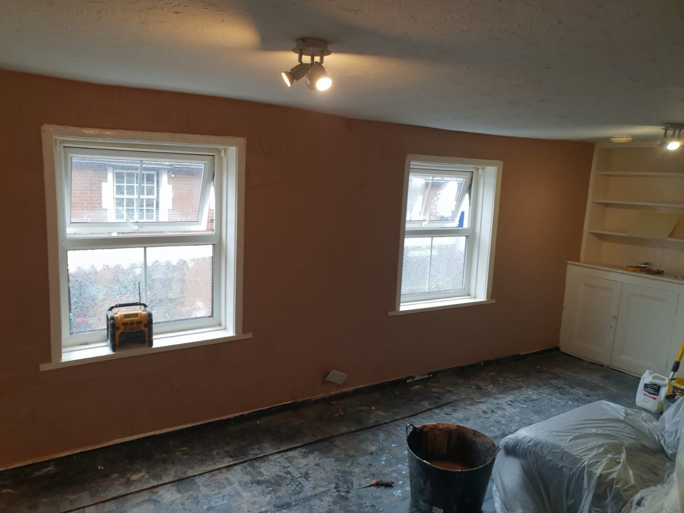 Newly finished plaster following remedial damp works