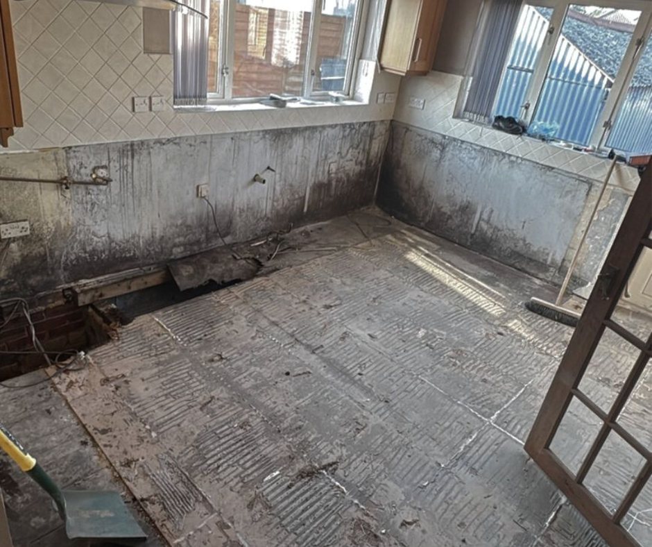 Decayed floor timbers exposed during a subfloor investigation
